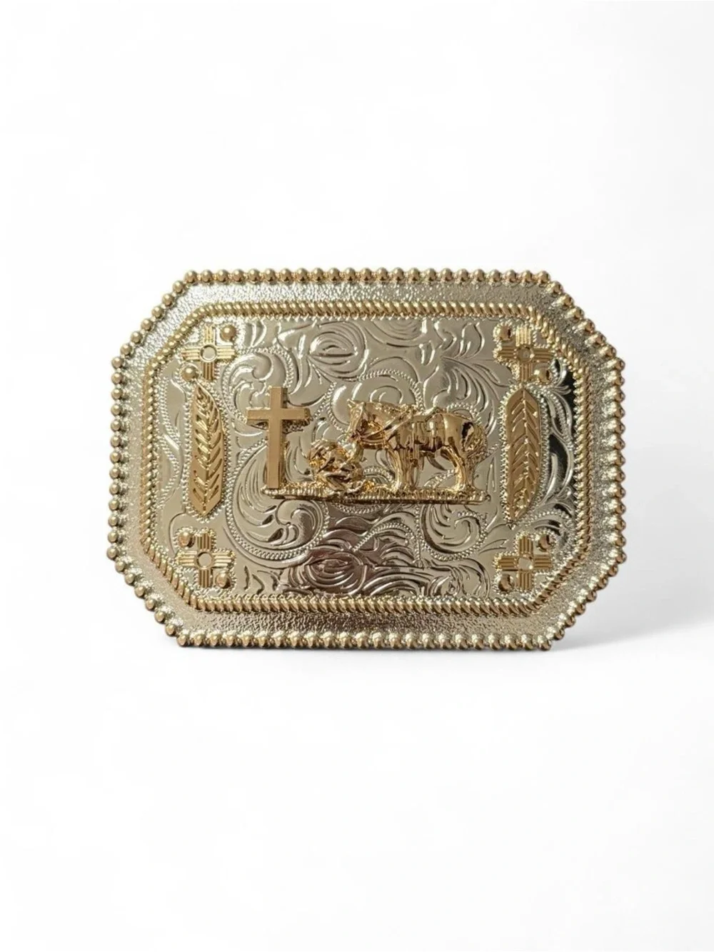 Western-Style Men's Belt Buckle with Cross and Horse Motif